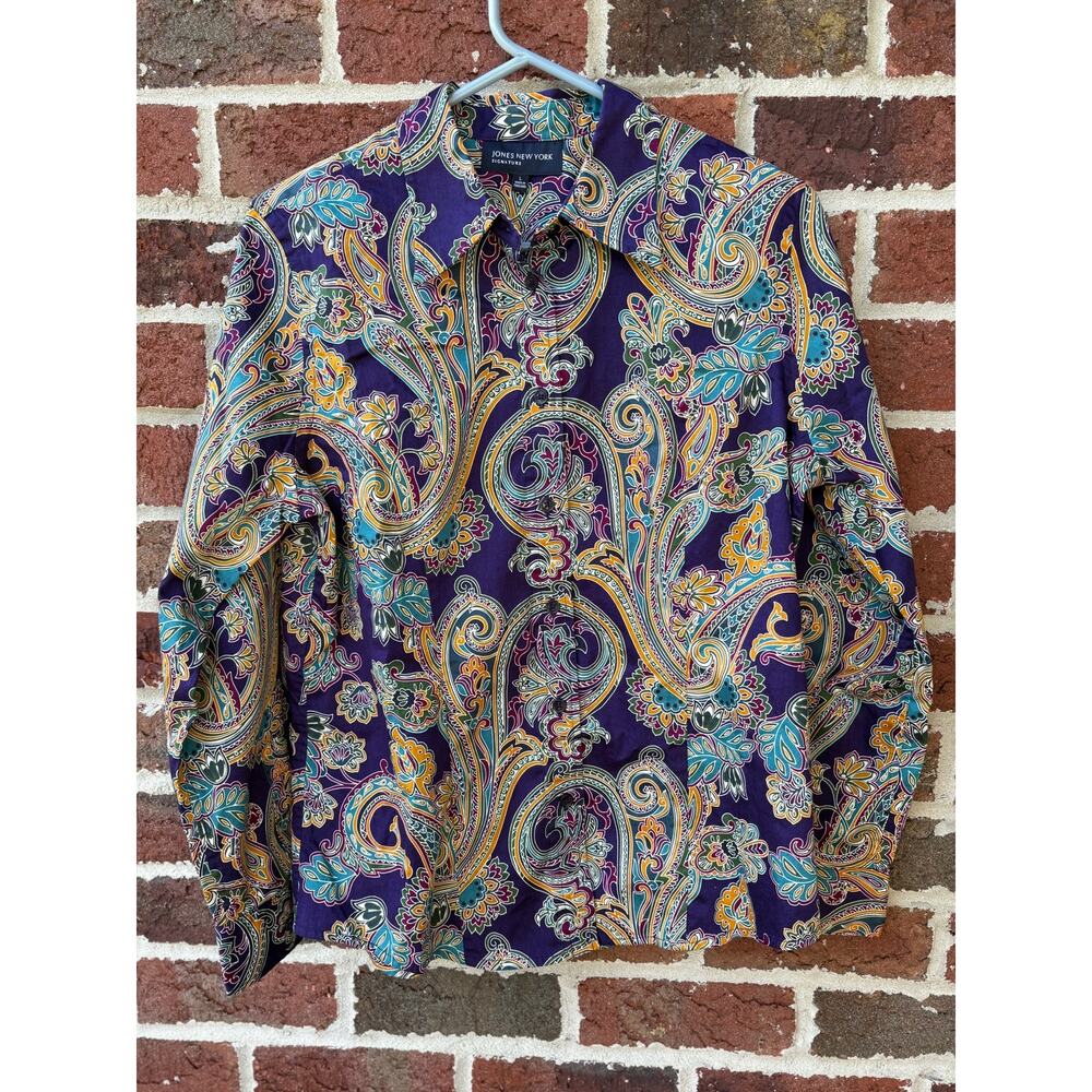 Jones New York Signature Purple Paisley Button Front Shirt Size L